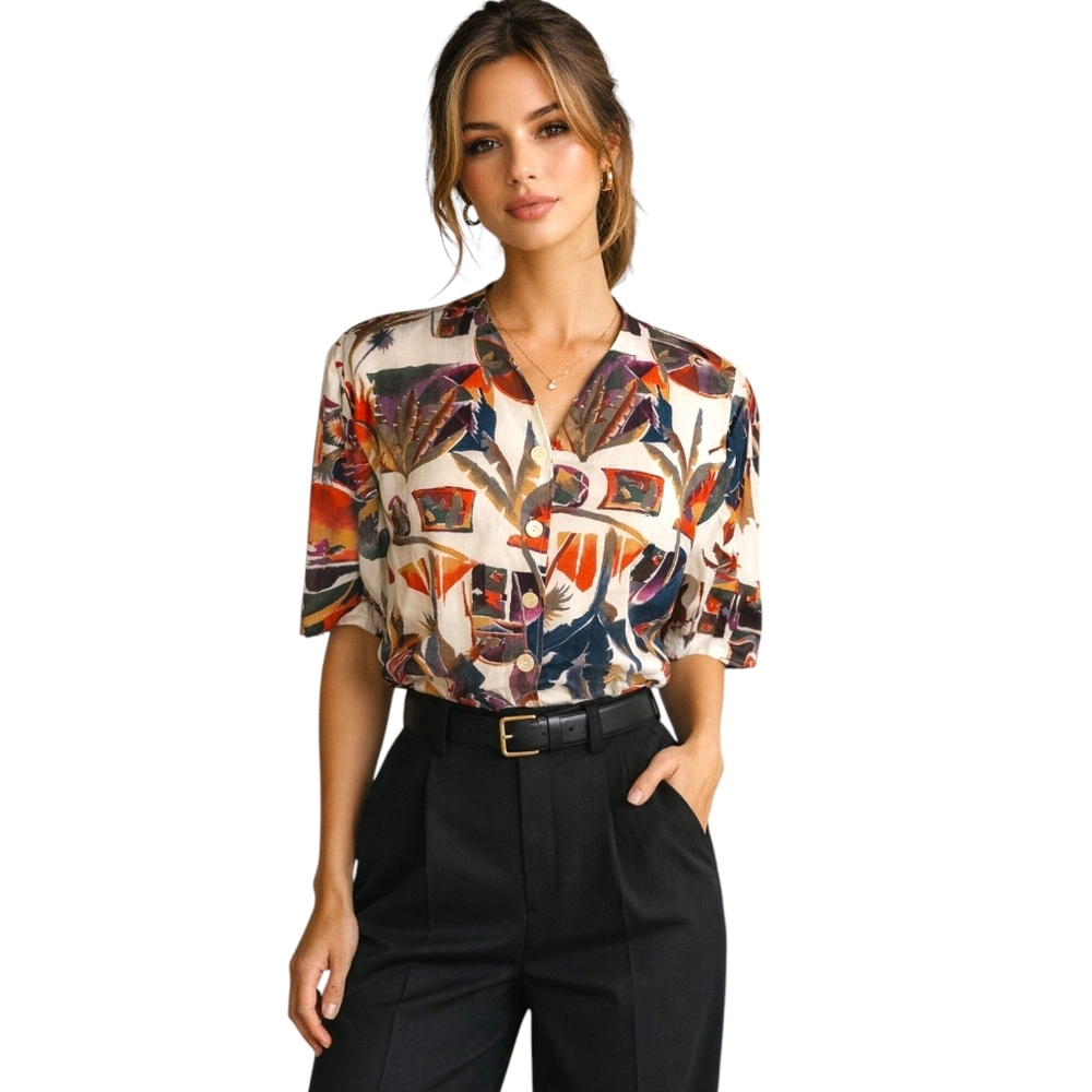 Steilmann Vintage 90s Abstract Tropical Blouse Size 10 Made in Germany